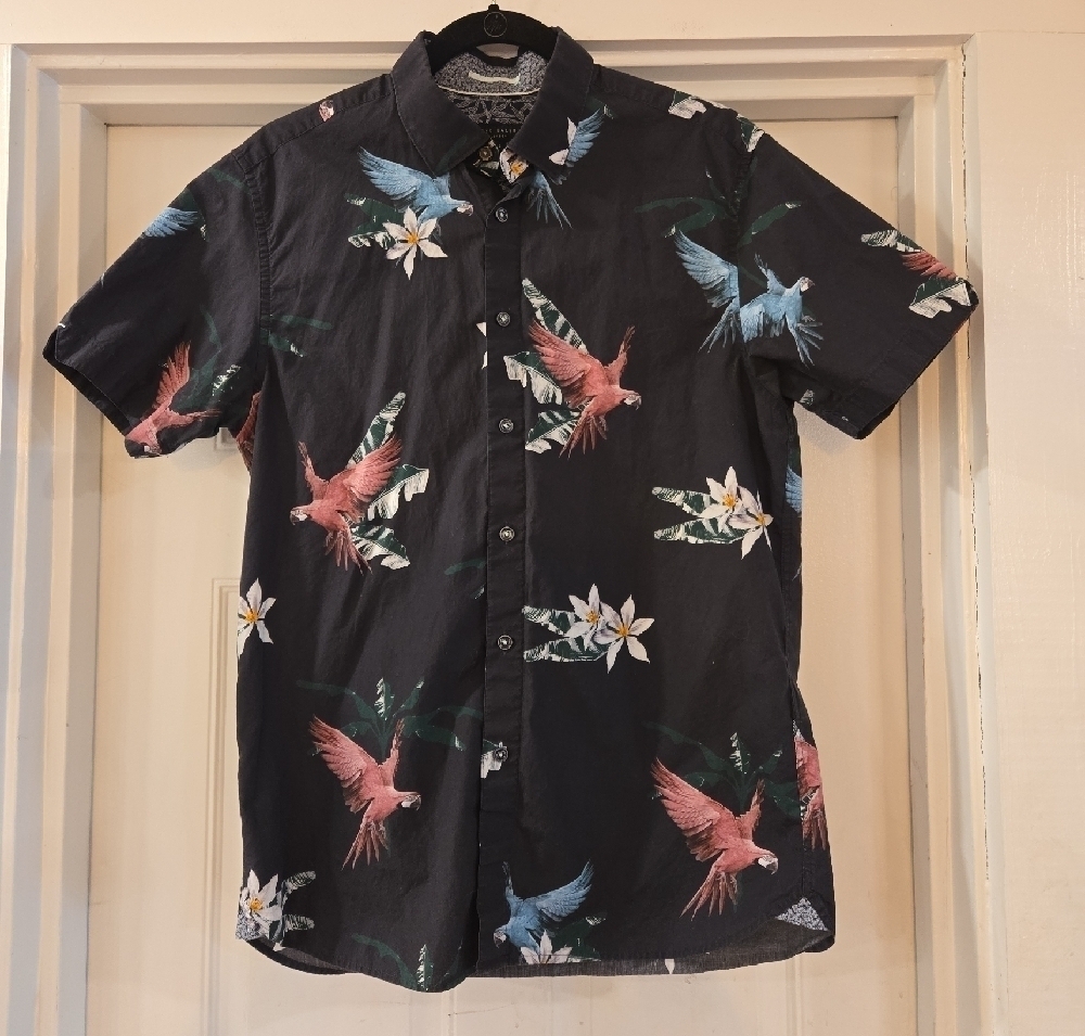 Ted Baker London Mens Tropical Floral Birds Short Sleeve Button Down Shirt Large